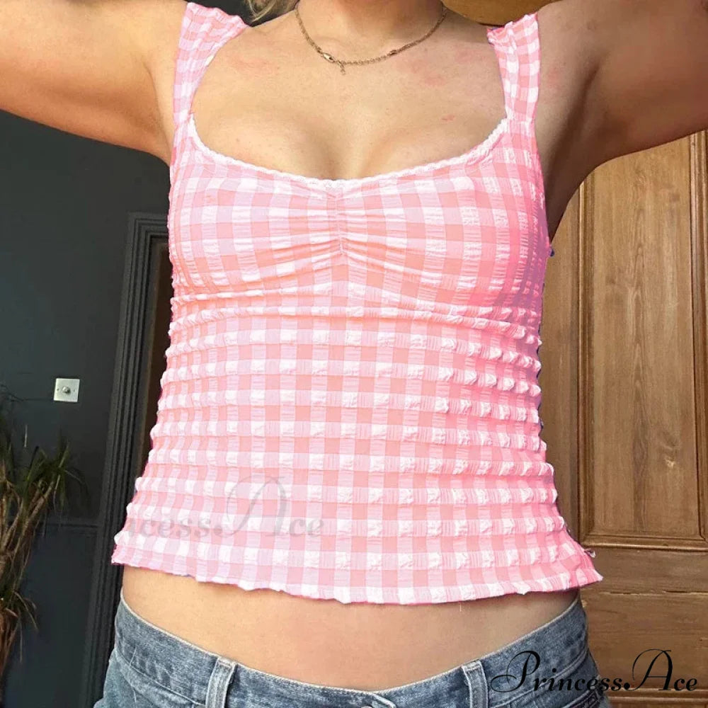 Checkered Checked Lace Trim Square Collar Slim Fit Y2K Vintage Backless Crop Top Pink / S croptop-250126