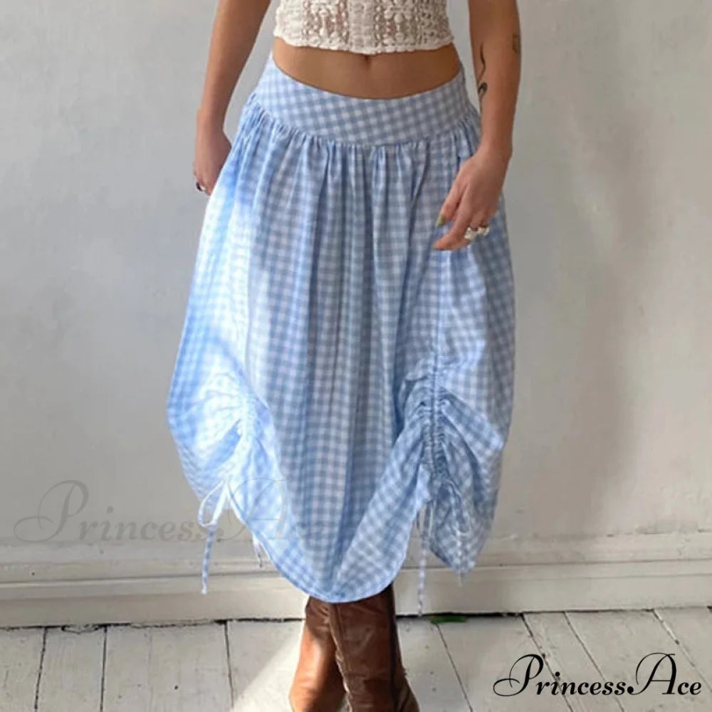 Checkered Cinched Waist Long Skirt Blue / S skirts-250223