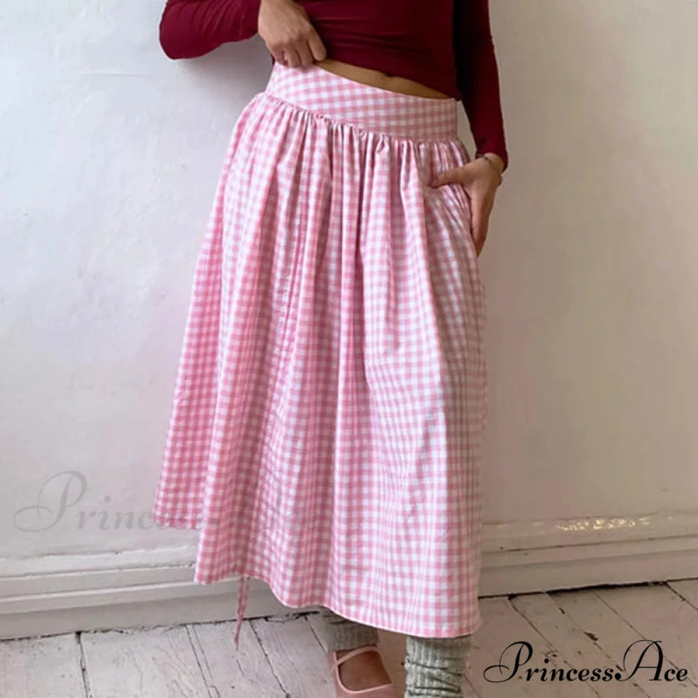 Checkered Cinched Waist Long Skirt Pink / S skirts-250223