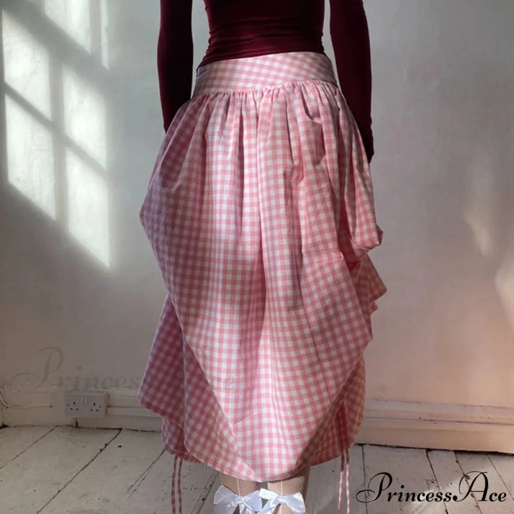 Checkered Cinched Waist Long Skirt skirts-250223