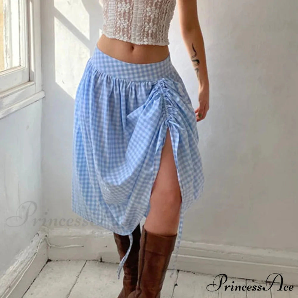 Checkered Cinched Waist Long Skirt skirts-250223