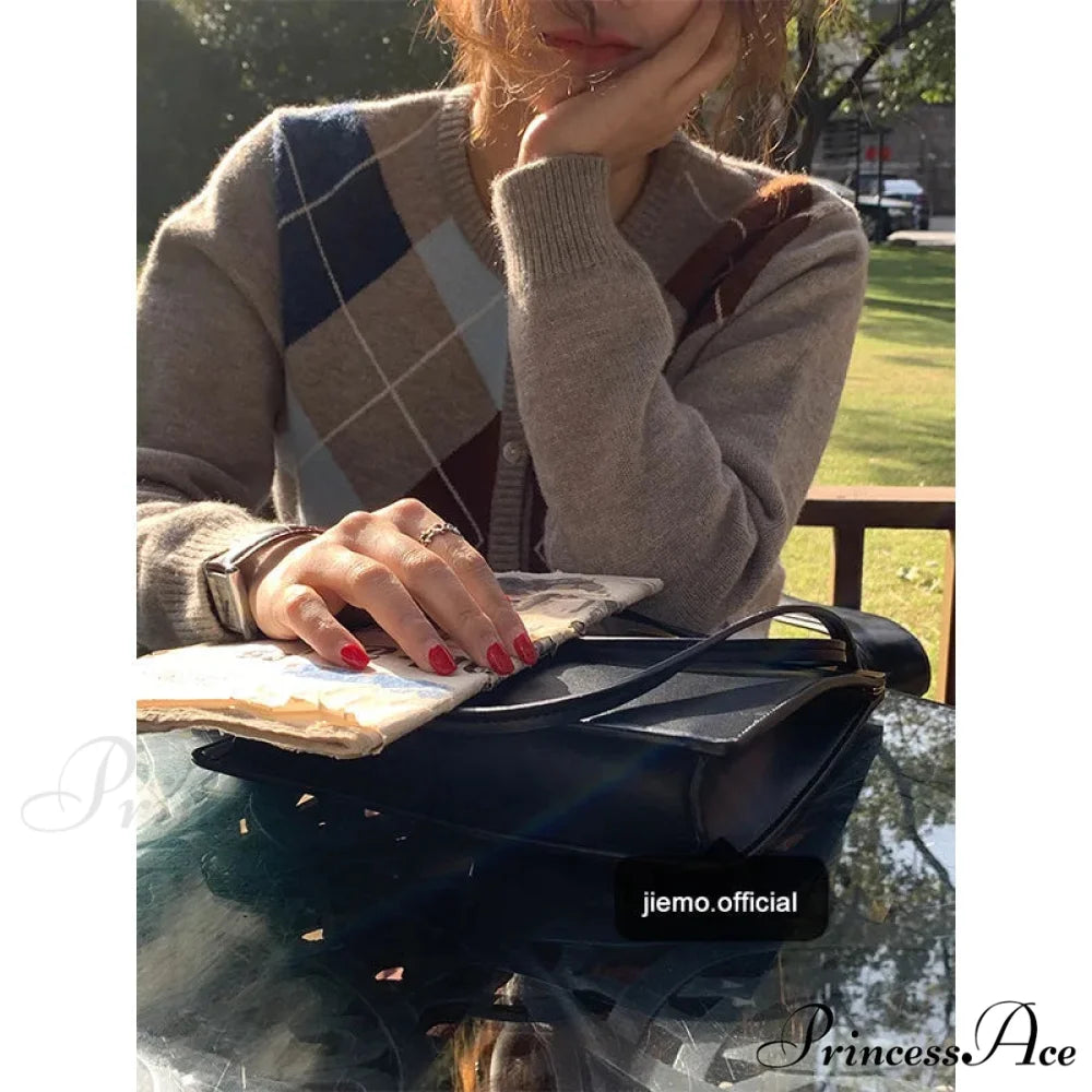 Checkered Circular Neck Baggy Knit Cardigan Khaki / One Size cardigans-241228