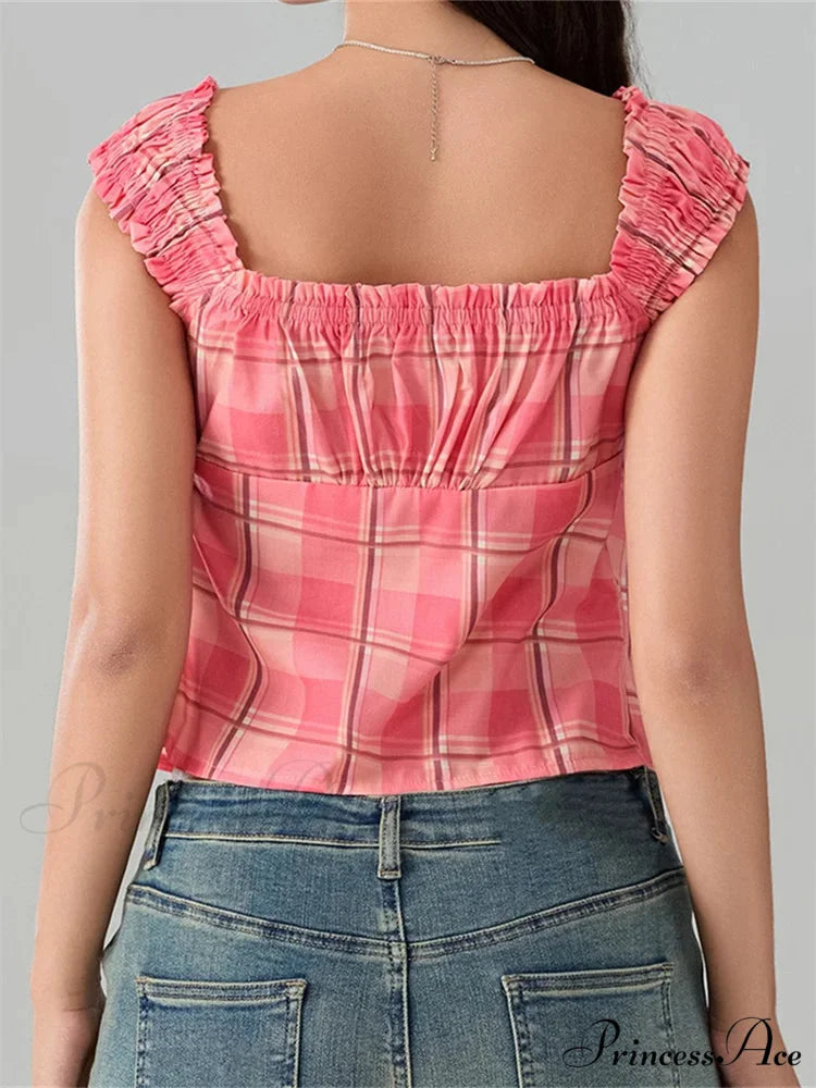 Checkered Circular Neck Front Split Sleeveless Crop Top croptop-250126