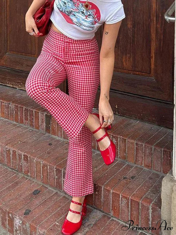 Checkered Crimson High Waist Flare Plaid Pant pant-250223