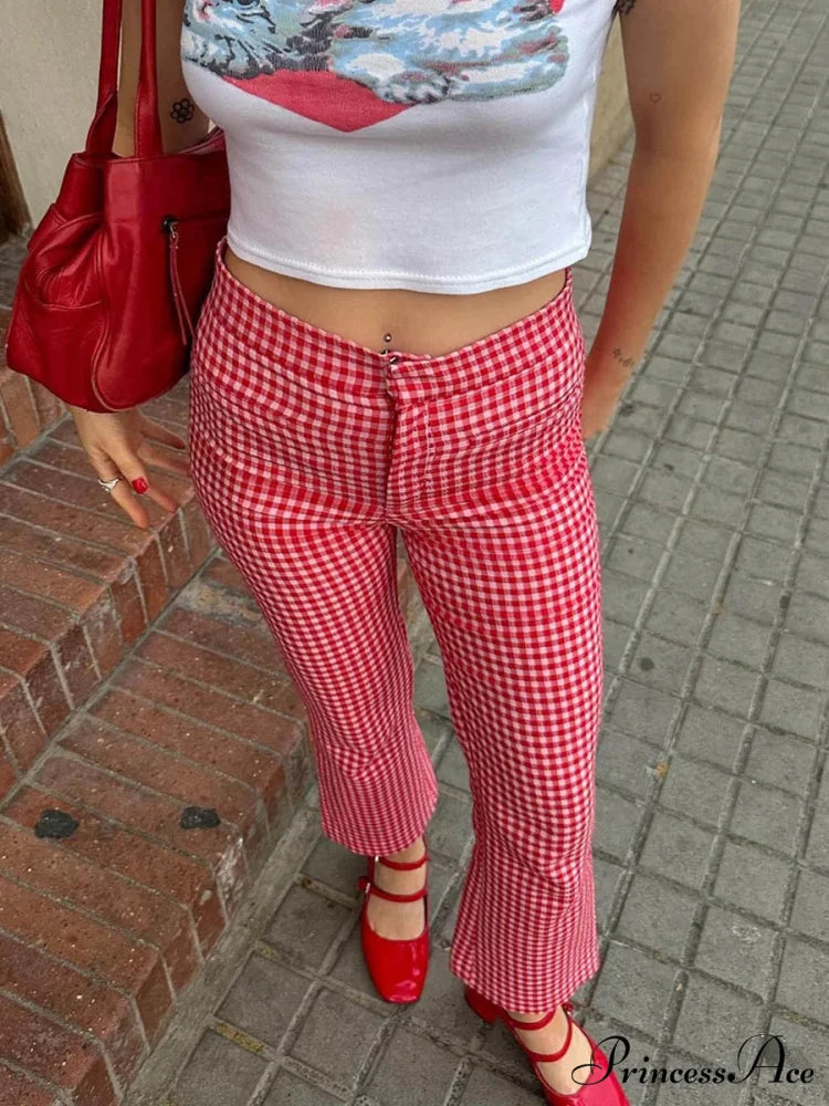 Checkered Crimson High Waist Flare Plaid Pant pant-250223