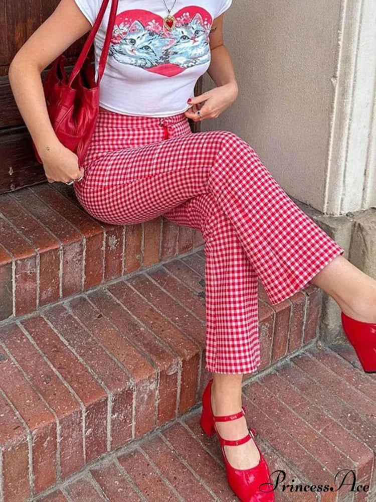 Checkered Crimson High Waist Flare Plaid Pant pant-250223