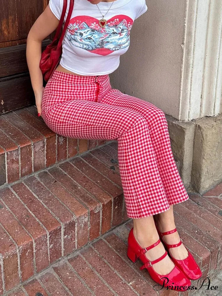 Checkered Crimson High Waist Flare Plaid Pant pant-250223