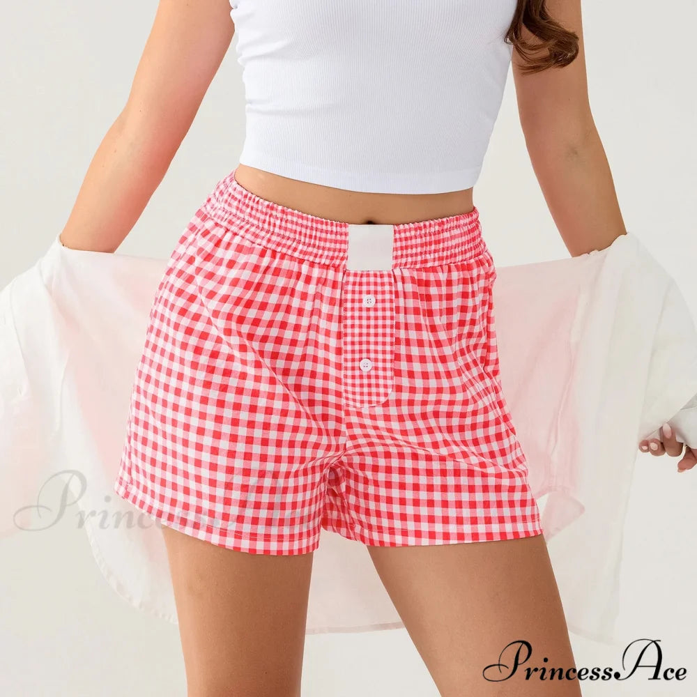 Checkered Different Button Lounge Short Red / S short-250223