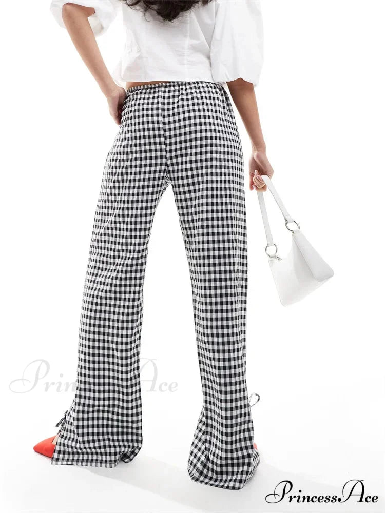 Checkered Divided Fasten Loose Broad Leg Summer Pant pant-250223