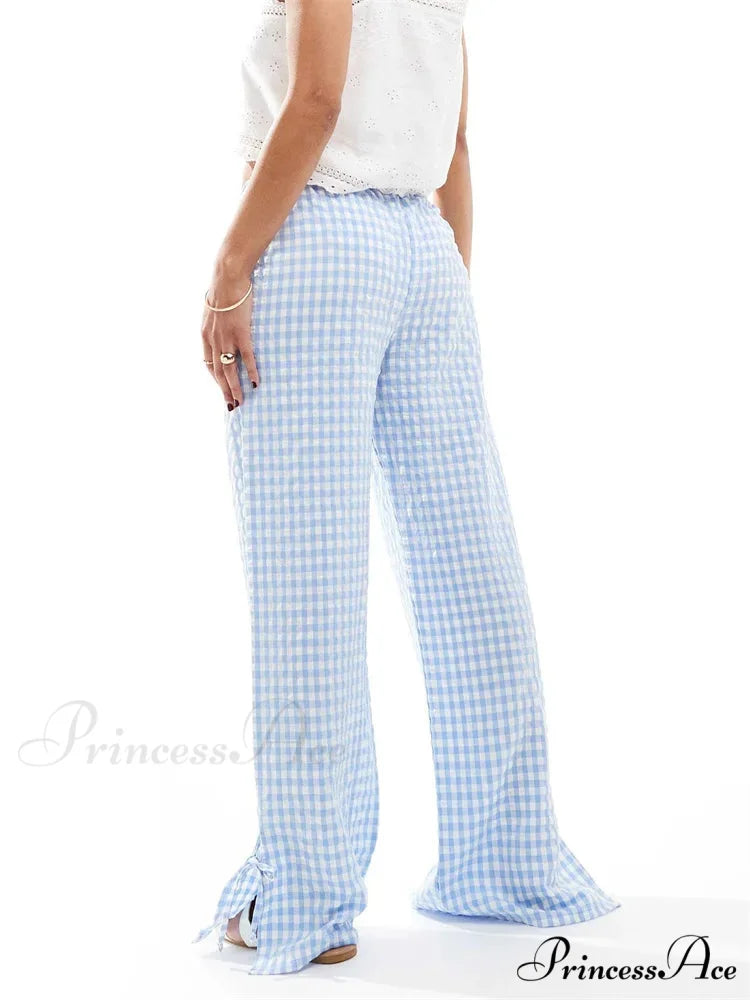 Checkered Divided Fasten Loose Broad Leg Summer Pant pant-250223