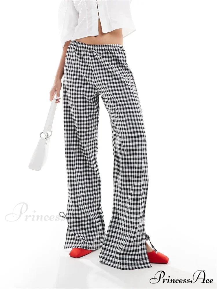 Checkered Divided Fasten Loose Broad Leg Summer Pant BLACK / S pant-250223