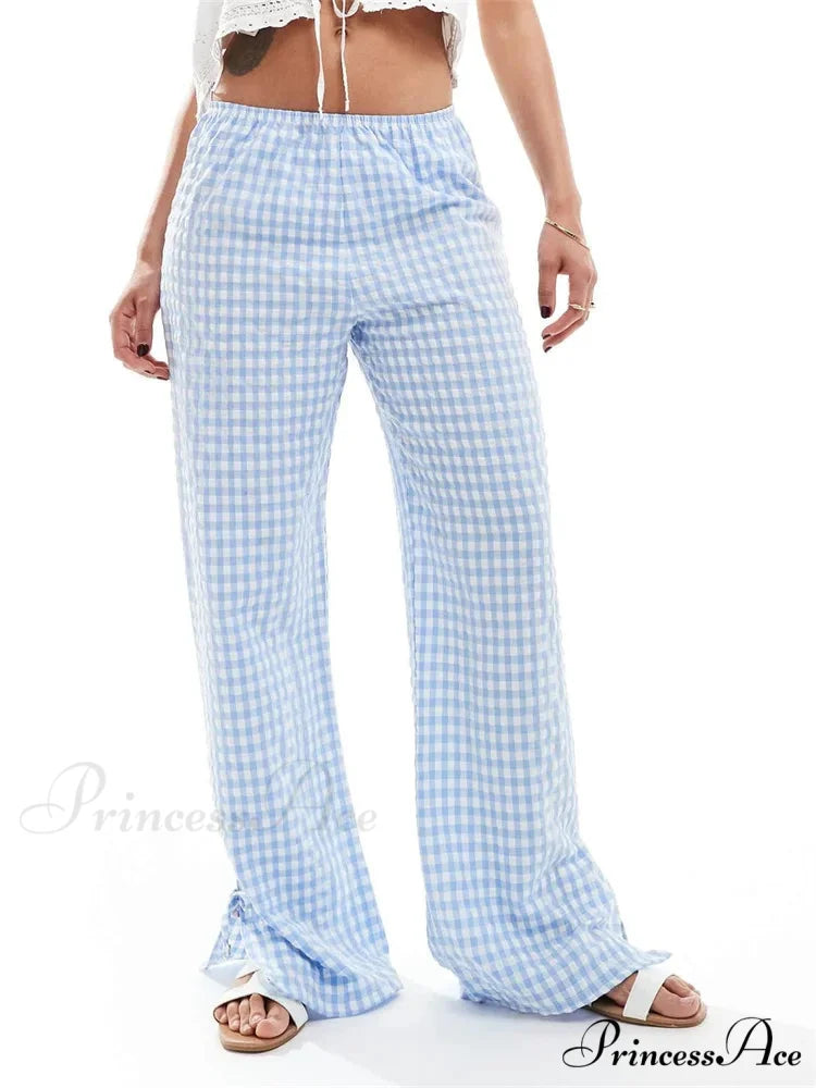 Checkered Divided Fasten Loose Broad Leg Summer Pant BLUE / S pant-250223