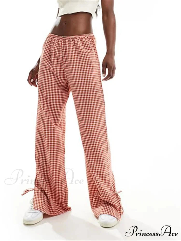 Checkered Divided Fasten Loose Broad Leg Summer Pant ORANGE / S pant-250223