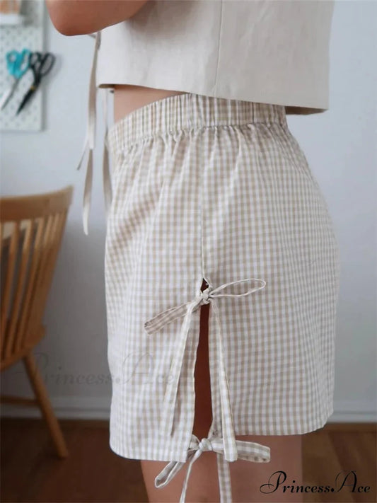 Checkered Divided Lace-Up Empty Brief short-250223