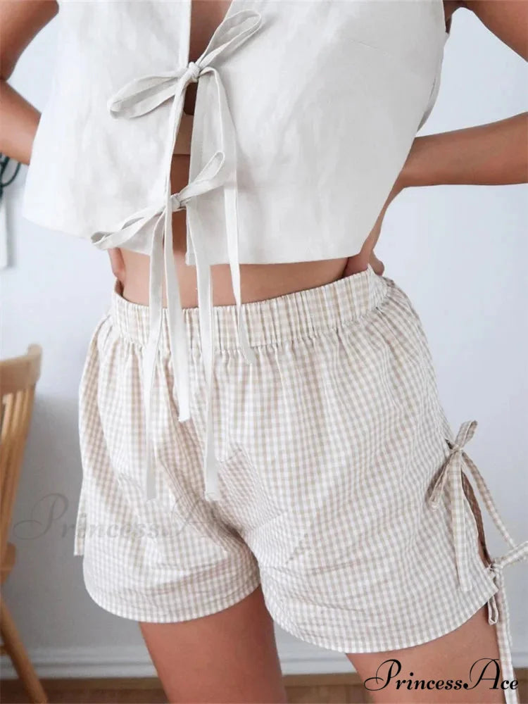 Checkered Divided Lace-Up Empty Brief white / S short-250223