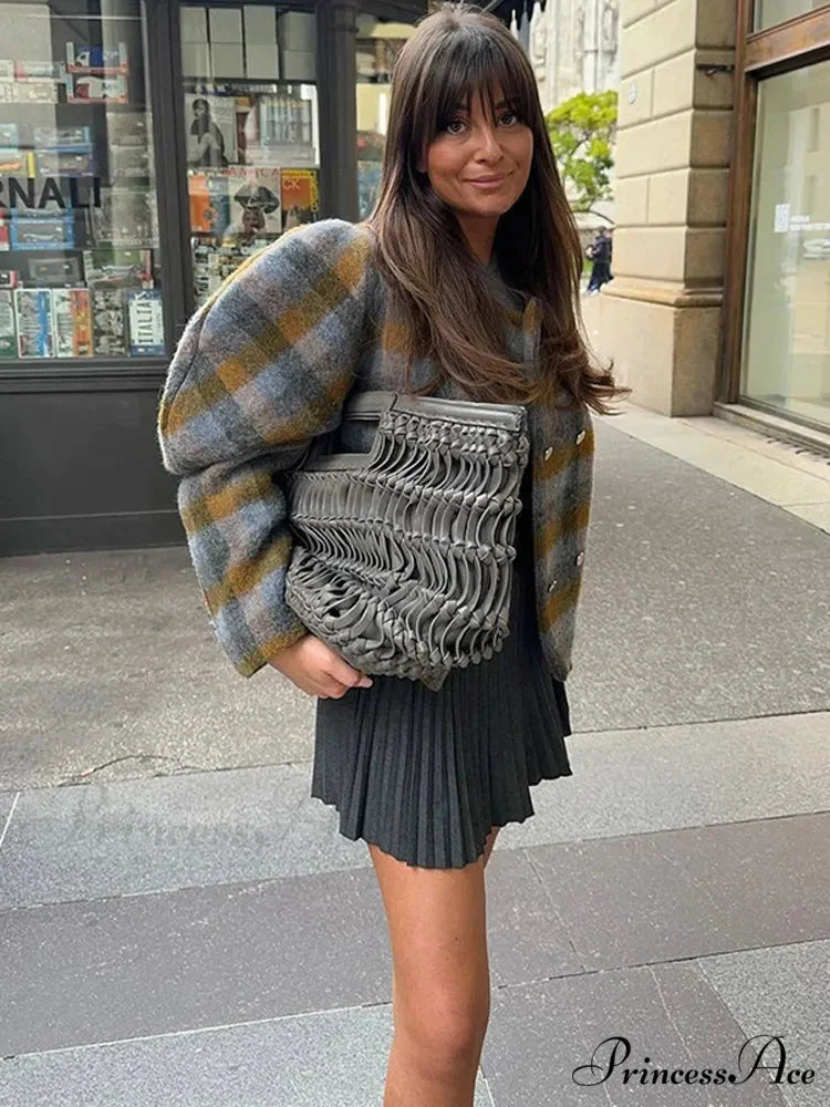 Checkered Dual Buttoned Trim Wool Coat coats-241228