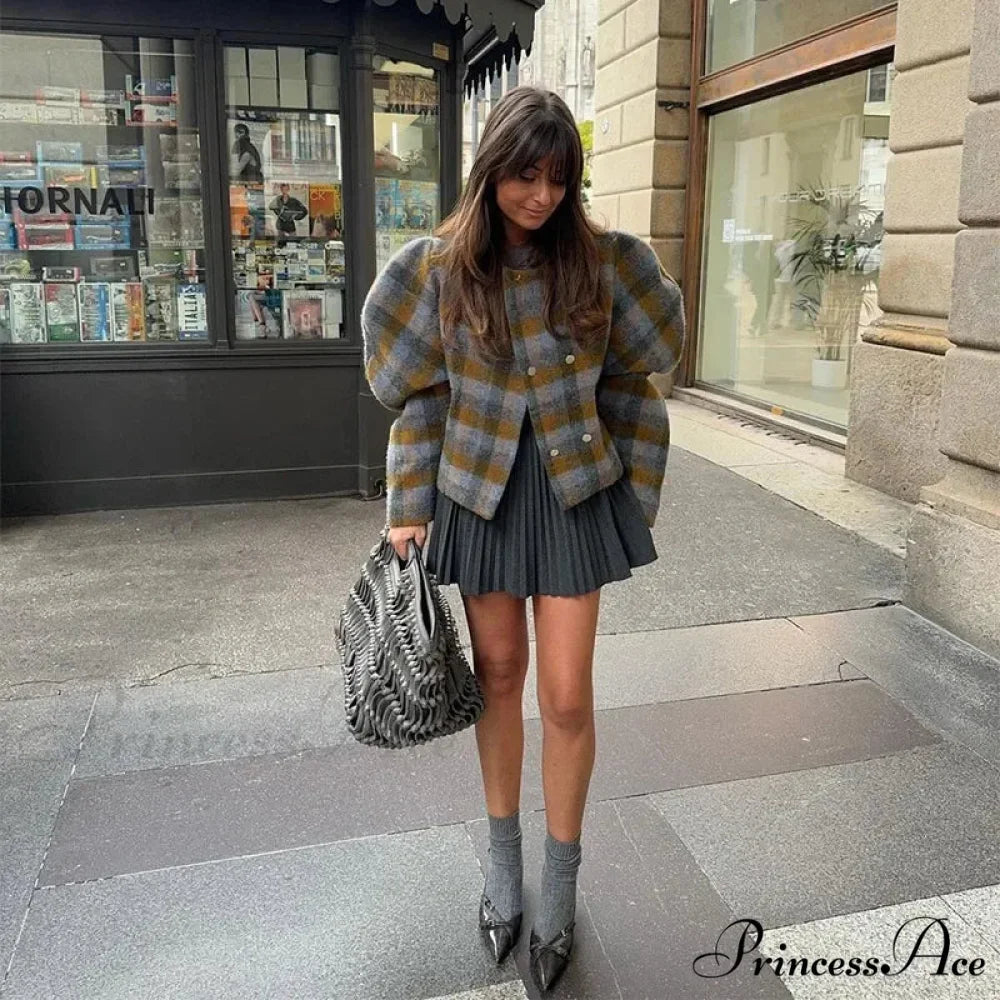 Checkered Dual Buttoned Trim Wool Coat Figure Color / S coats-241228