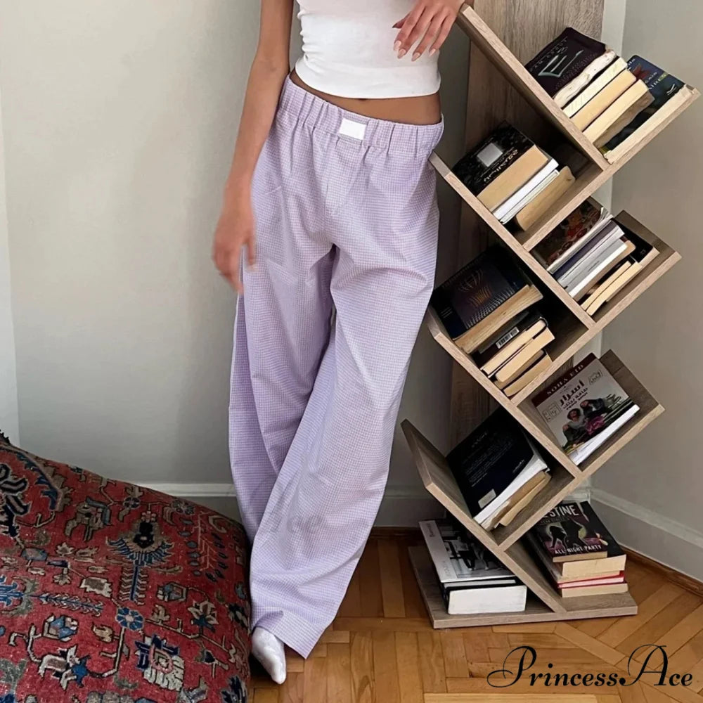 Checkered Elevated Waist Straight Wide Leg Sleep Pant pant-250223