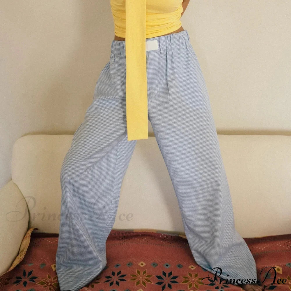 Checkered Elevated Waist Straight Wide Leg Sleep Pant pant-250223