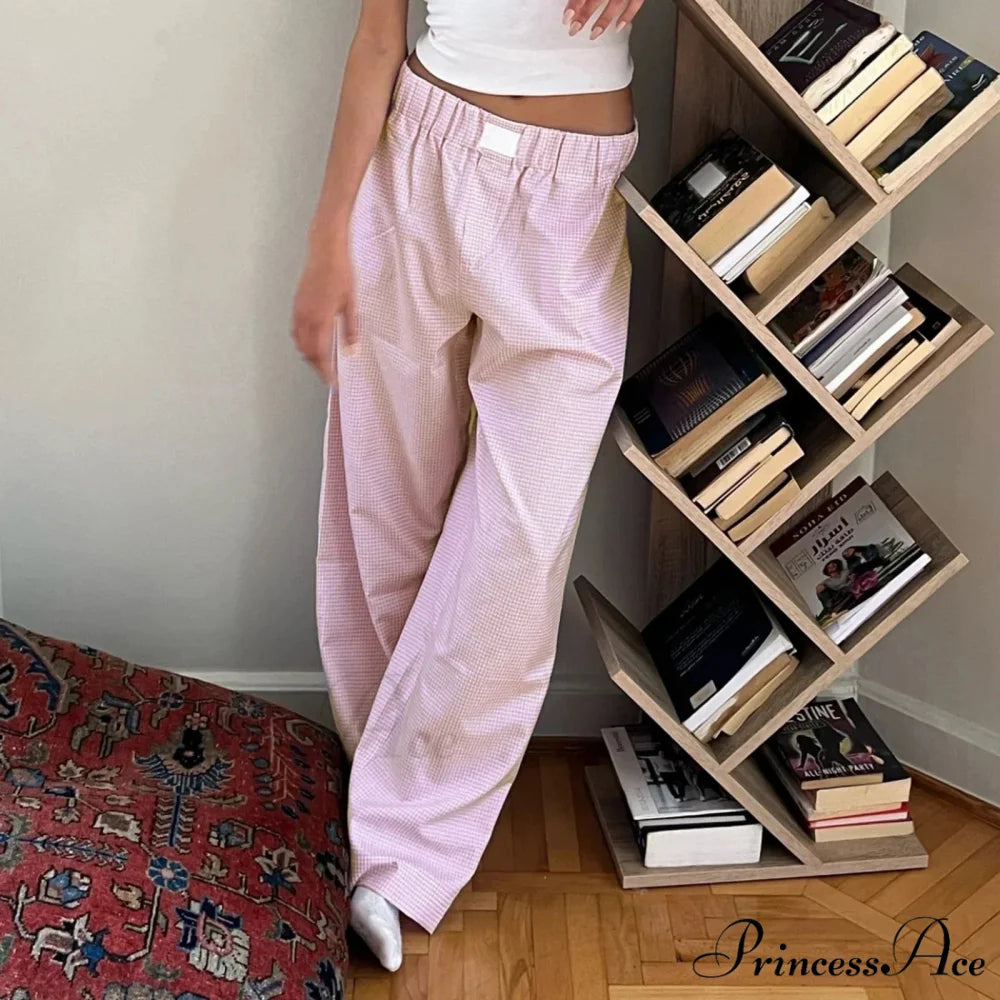 Checkered Elevated Waist Straight Wide Leg Sleep Pant Pink / S pant-250223