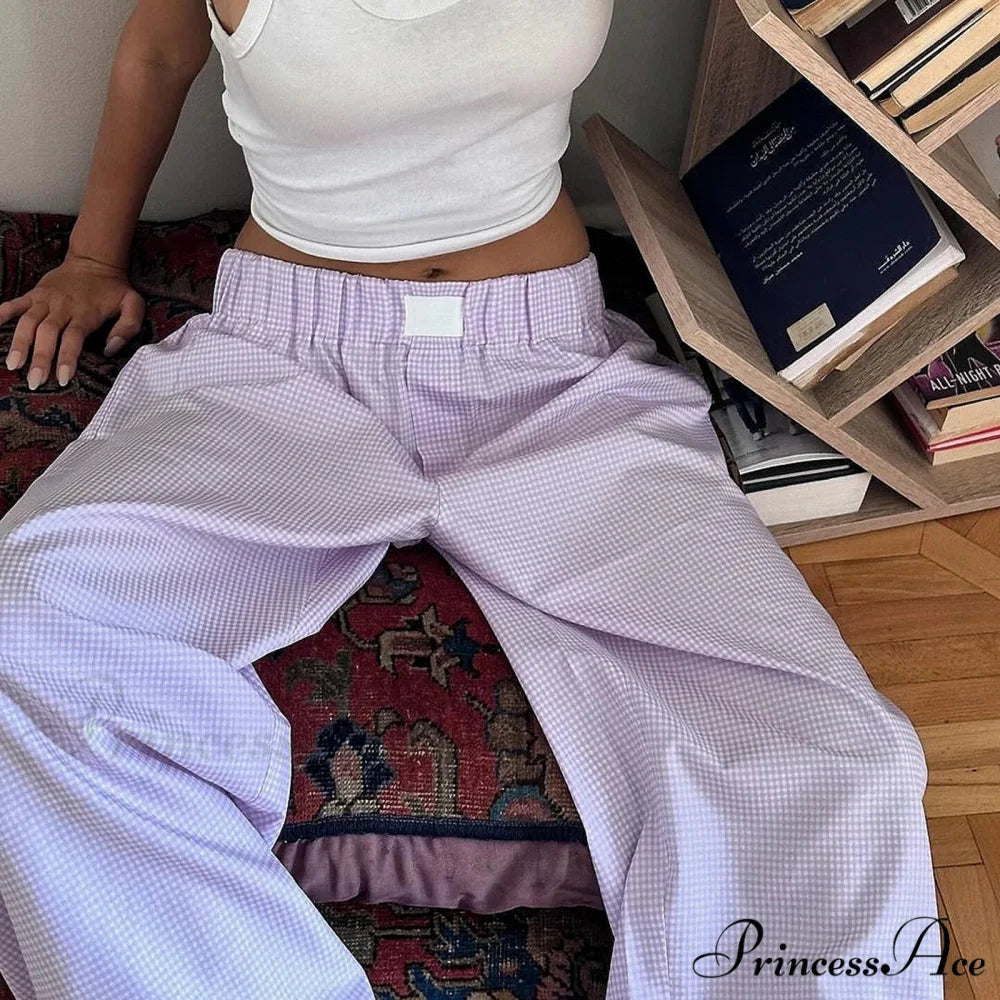 Checkered Elevated Waist Straight Wide Leg Sleep Pant PURPLE / S pant-250223