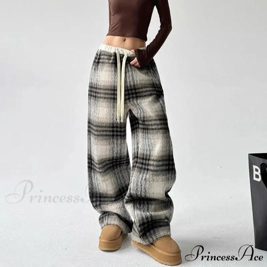 Checkered Fleece High Waist Informal Trousers Coffee / S pants-241228