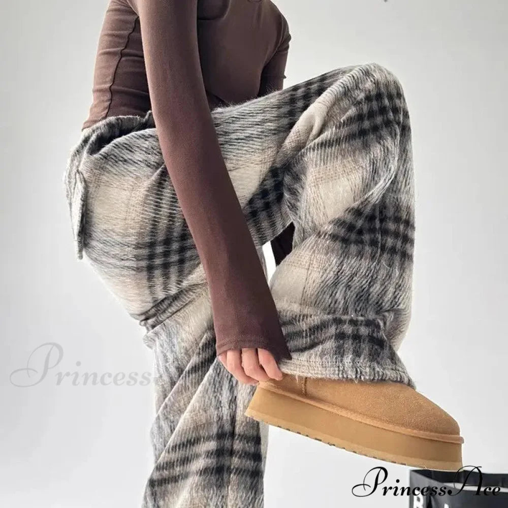 Checkered Fleece High Waist Informal Trousers pants-241228