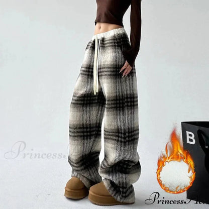 Checkered Fleece High Waist Informal Trousers pants-241228