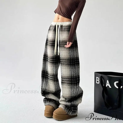 Checkered Fleece High Waist Informal Trousers pants-241228