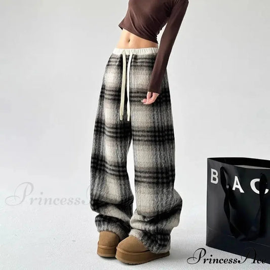 Checkered Fleece High Waist Informal Trousers pants-241228