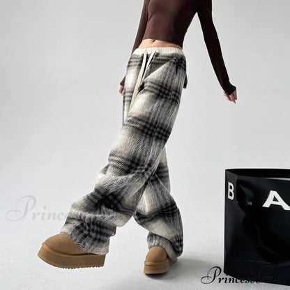 Checkered Fleece High Waist Informal Trousers pants-241228