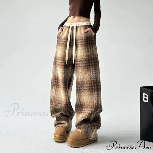 Checkered Fleece High Waist Informal Trousers Yellow / S pants-241228