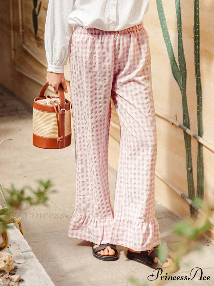 Checkered Flounced Hem Stretchy Waist Baggy Sleep Pant pant-250223