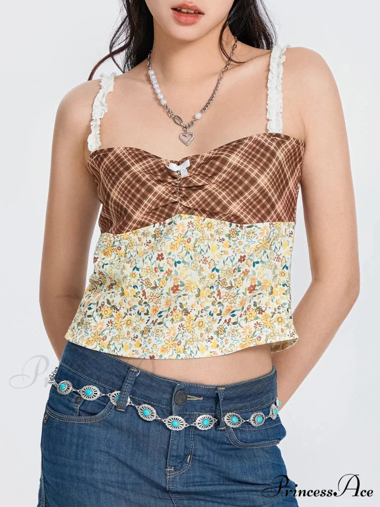 Checkered Flowery Patchwork Bow Tie-up Backless Crop Top croptop-250126