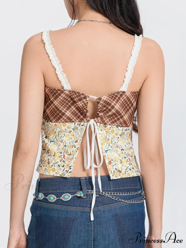 Checkered Flowery Patchwork Bow Tie-up Backless Crop Top croptop-250126