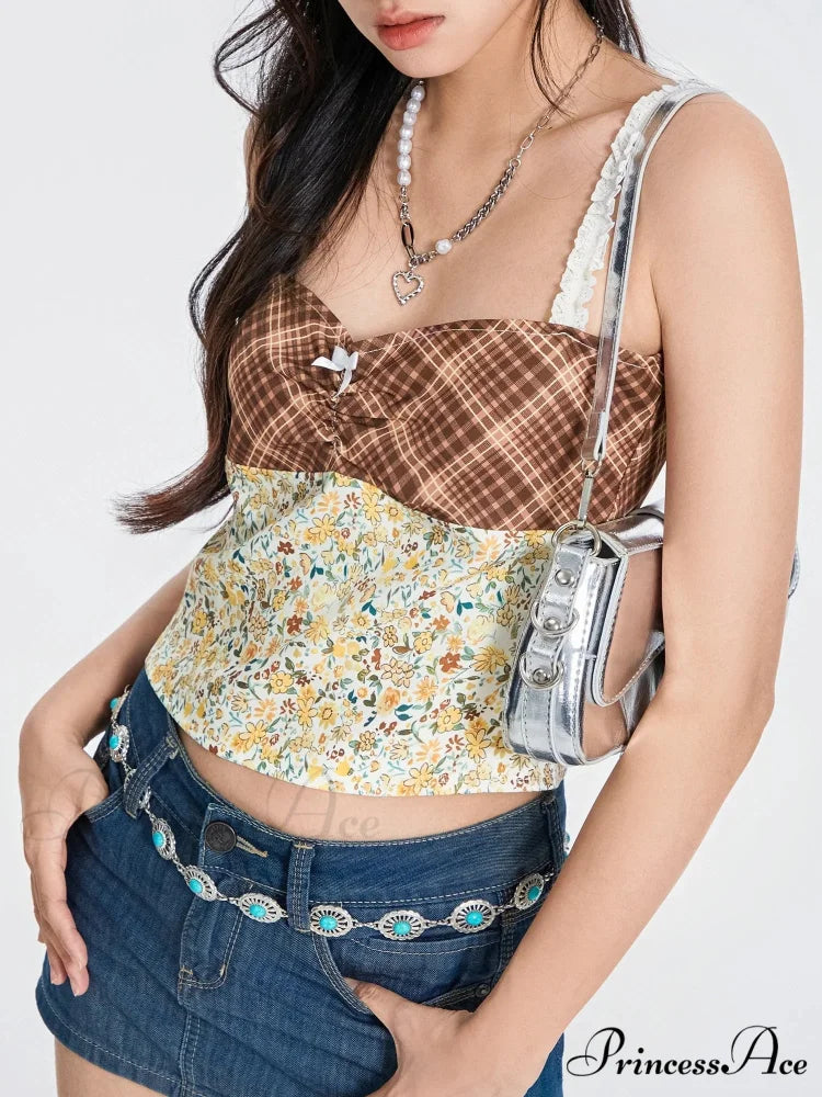 Checkered Flowery Patchwork Bow Tie-up Backless Crop Top croptop-250126