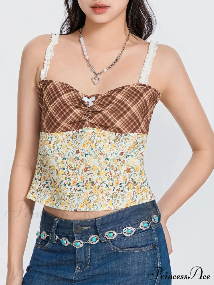 Checkered Flowery Patchwork Bow Tie-up Backless Crop Top croptop-250126