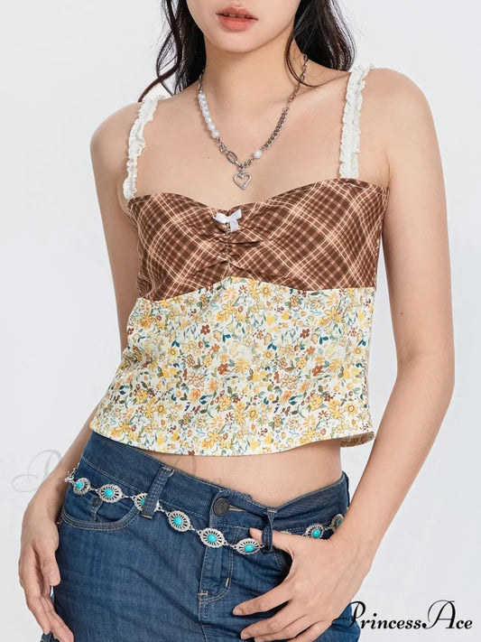 Checkered Flowery Patchwork Bow Tie-up Backless Crop Top croptop-250126