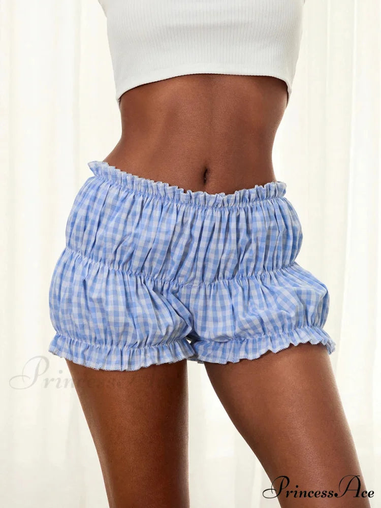 Checkered Frill Hem Bloomer Short Blue / S short-250223