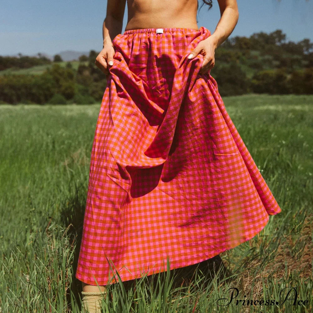 Checkered Frill Plaid Midi Skirt red / S skirts-250223