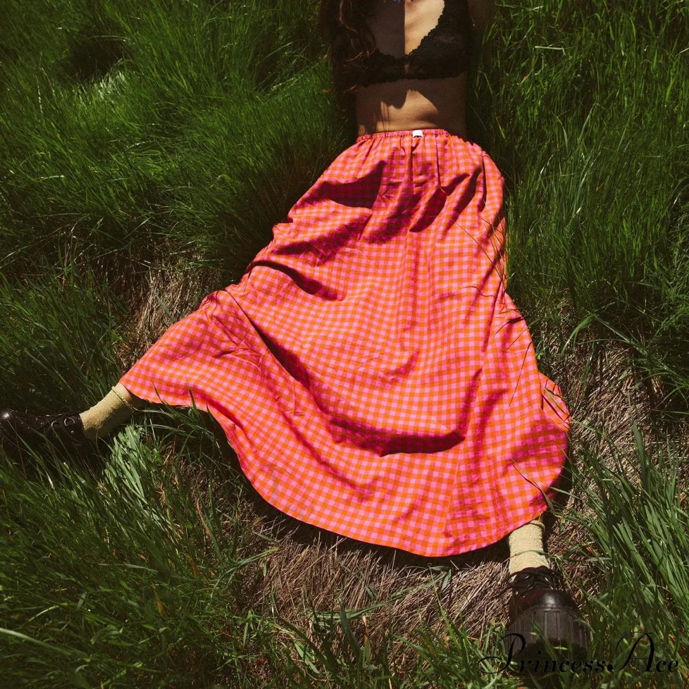 Checkered Frill Plaid Midi Skirt skirts-250223