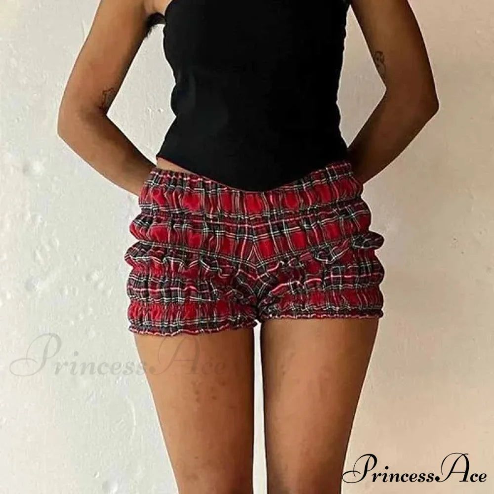 Checkered Frill Tiered Low-Cut Short red / S short-250223