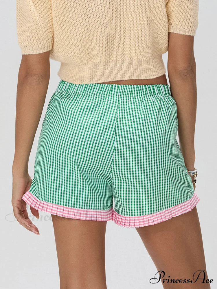 Checkered Frilled Hem Baggy Short short-250223