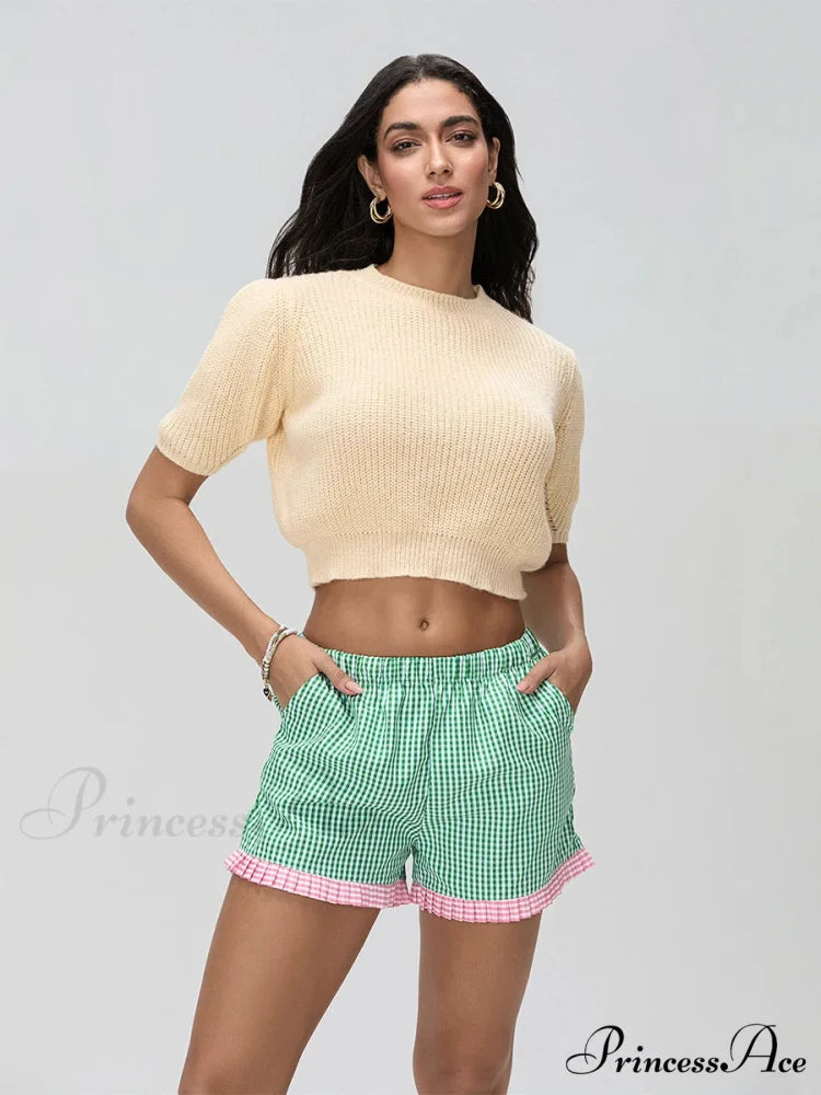 Checkered Frilled Hem Baggy Short Green / S short-250223
