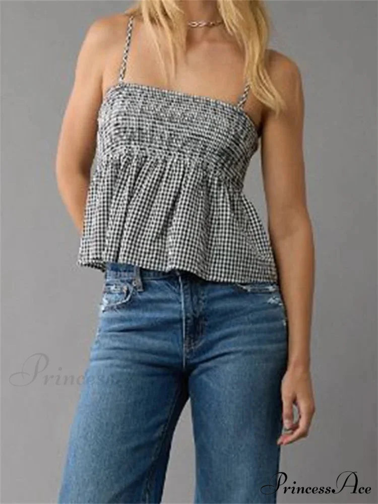 Checkered Frilled Hem Square Neck Spaghetti Crop Top BLACK / S croptop-250126