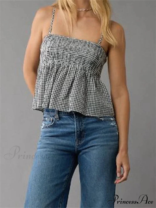 Checkered Frilled Hem Square Neck Spaghetti Crop Top BLACK / S croptop-250126