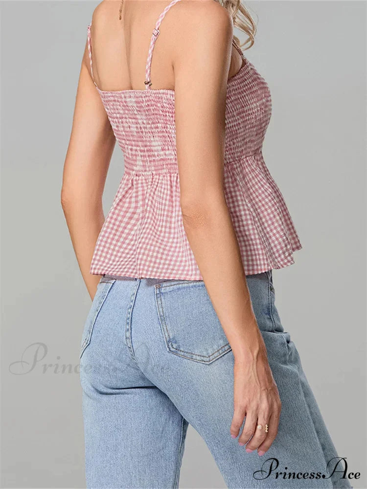 Checkered Frilled Hem Square Neck Spaghetti Crop Top croptop-250126