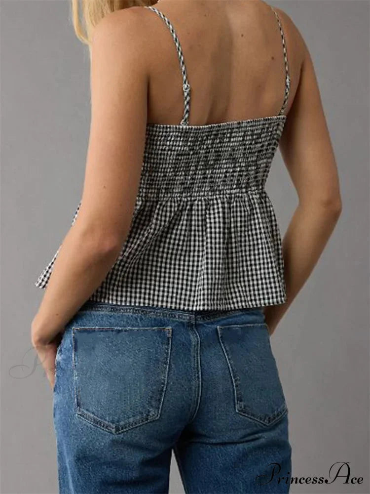 Checkered Frilled Hem Square Neck Spaghetti Crop Top croptop-250126