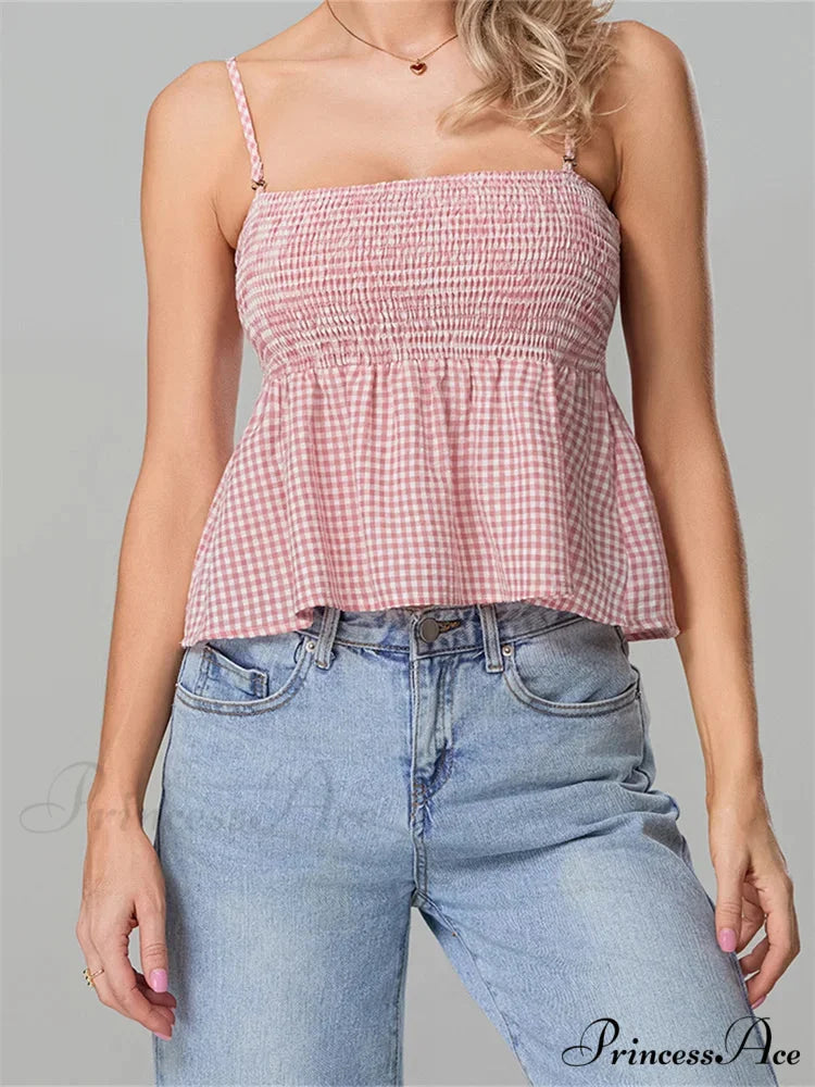 Checkered Frilled Hem Square Neck Spaghetti Crop Top croptop-250126