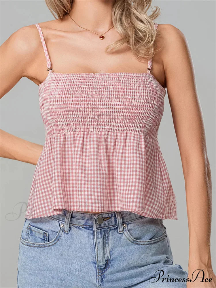 Checkered Frilled Hem Square Neck Spaghetti Crop Top PINK / S croptop-250126